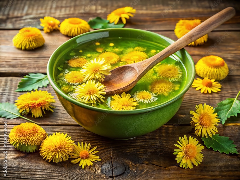 Green Bowl with Yellow Dandelion and Daisy in Hot Water on Vintage Table with Wooden Spoon - A Serene Panoramic Scene of Nature and Tranquility Green Bowl with Yellow Dandelion and Daisy in Hot Water on Vintage Table with Wooden Spoon - A Serene Panoramic Scene of Nature and Tranquility