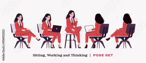 Ambitious businesswoman, confident business lady in red smart chic corporate pant suit, sitting set. Beautiful active mentor coach, brunette female leader, professional manager. Vector illustration
