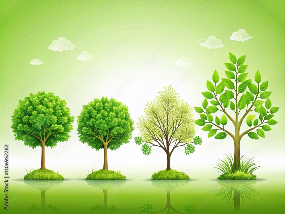 Fototapeta premium Green Icons Depicting Stages of Tree Growth on a Clean Background for Educational Purposes and Environmental Awareness