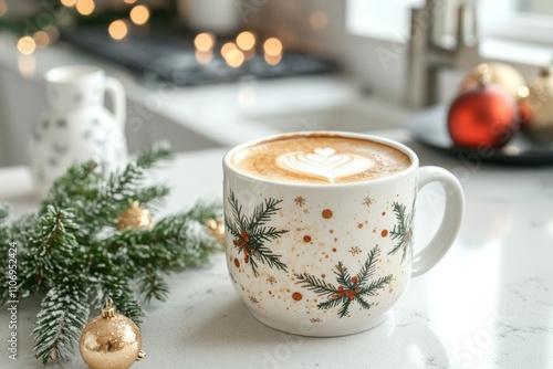 christmas cappuccino, enjoy a festive cappuccino in a holiday mug on a sleek kitchen counter, adorned with pine sprigs and baubles text space available photo