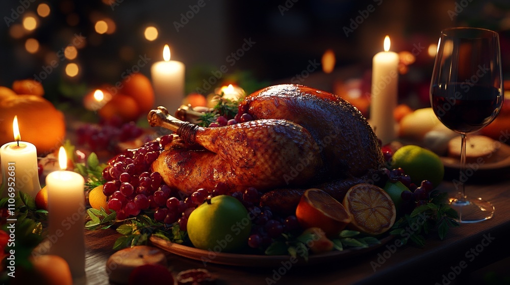 Garnished Roasted Turkey on a Festive Table Surrounded by Candles, Fruits, and Vegetables for a Holiday Feast