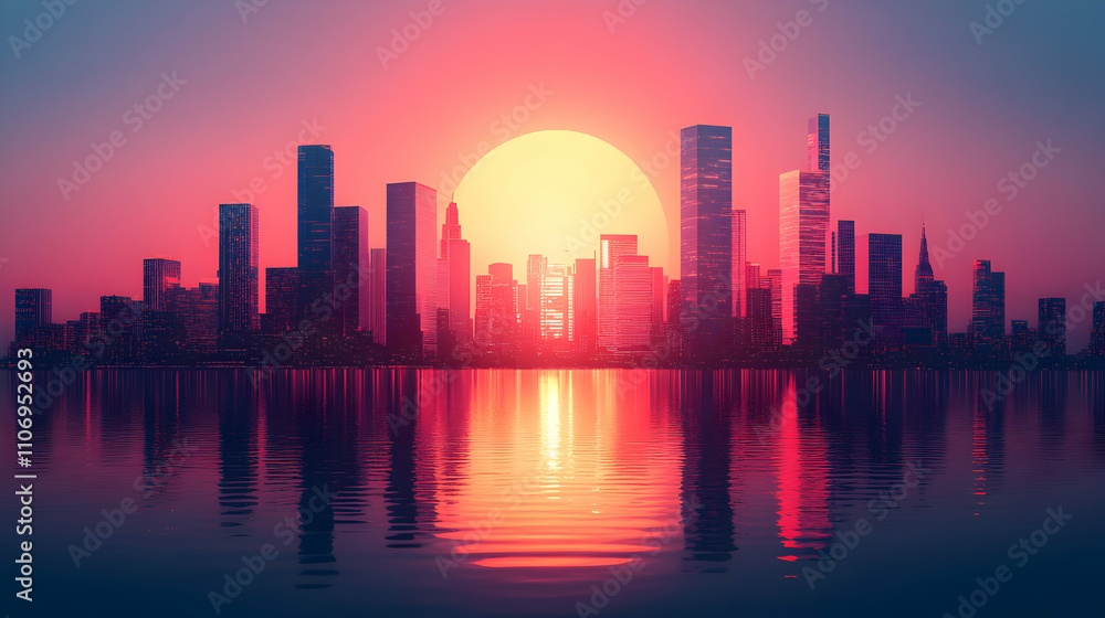 Fototapeta premium Sunset Cityscape, Urban Skyline Reflected in Calm Waters at Dusk