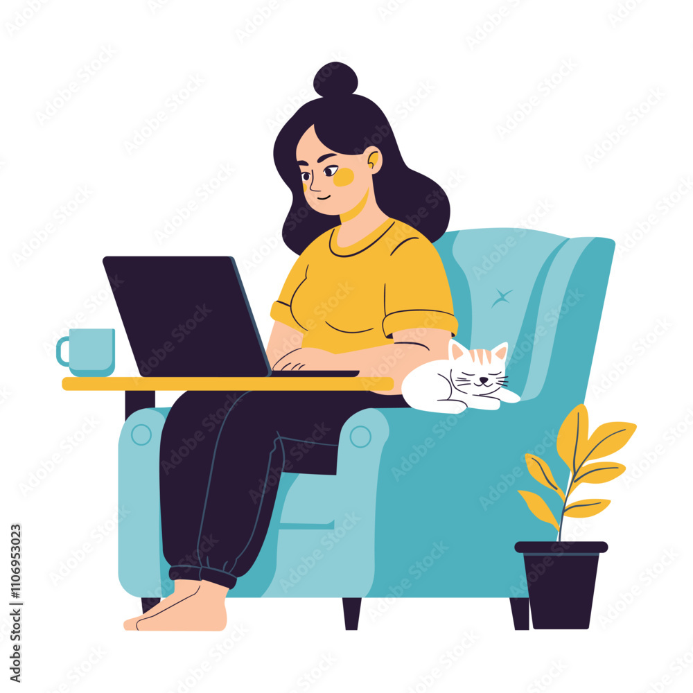 Comfortable Woman Working from Home with Cat Comfortable Woman Working from Home with Cat