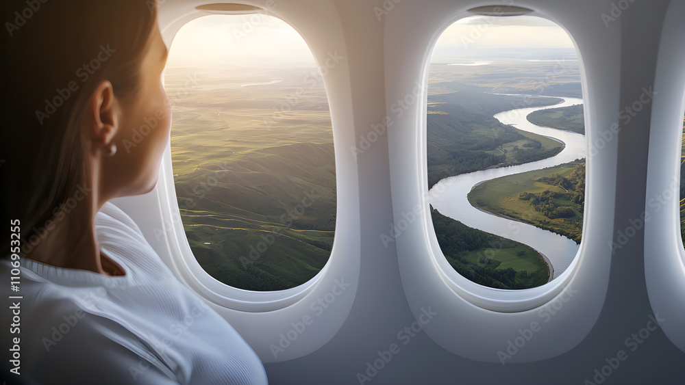 Scenic View from Airplane Window Featuring Winding River and Lush Green Landscape Below Scenic View from Airplane Window Featuring Winding River and Lush Green Landscape Below