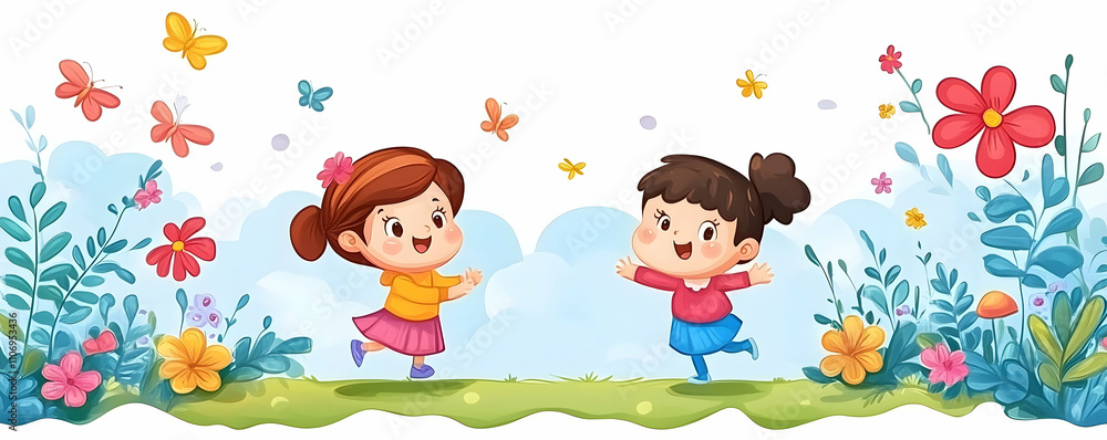 Joyful Girls in a Blooming Garden, Illustration of Two Happy Children Playing Amidst Vibrant Flowers and Butterflies. Joyful Girls in a Blooming Garden, Illustration of Two Happy Children Playing Amidst Vibrant Flowers and Butterflies.
