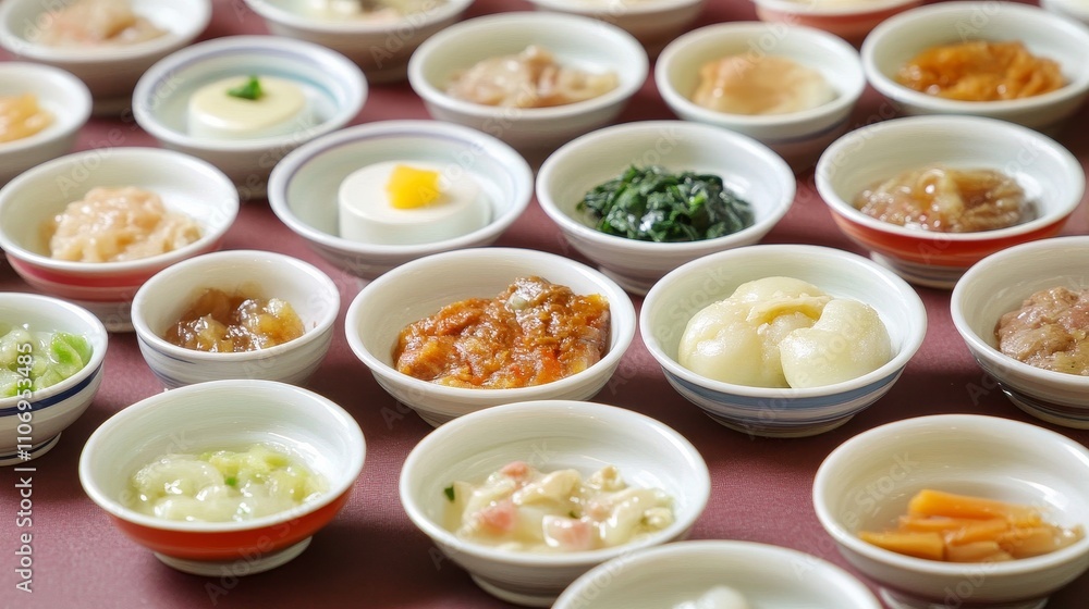 An Assortment of Small Dishes in White Bowls on a Red Tablecloth An Assortment of Small Dishes in White Bowls on a Red Tablecloth