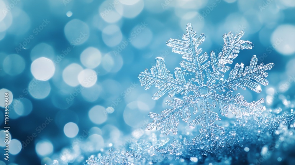 Detailed Close-Up of Frozen Snowflake on Sky Blue Background Representing Winter Elegance and Delicacy Detailed Close-Up of Frozen Snowflake on Sky Blue Background Representing Winter Elegance and Delicacy