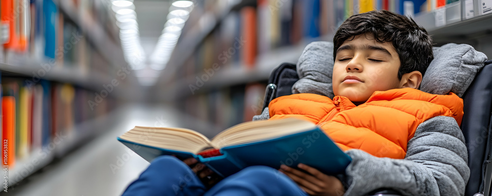 Obraz premium Boy Napping in Wheelchair Amidst Bookshelves, Peacefully Reading a Book in Library