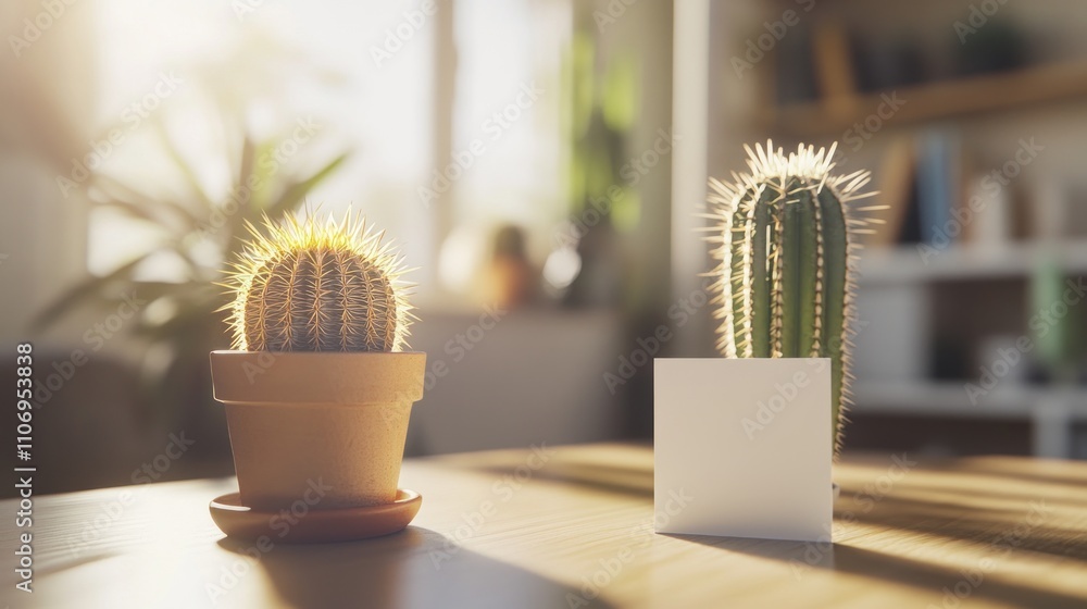 Two cacti in pots on a wooden table, illuminated by soft sunlight. Two cacti in pots on a wooden table, illuminated by soft sunlight.