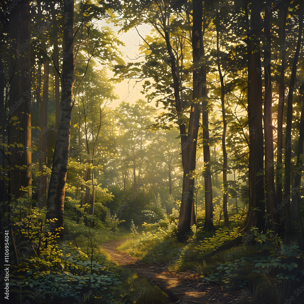 Fototapeta premium Golden Hour in the Forest: Serene Landscape Featuring Lush Greenery and a Meandering Pathway