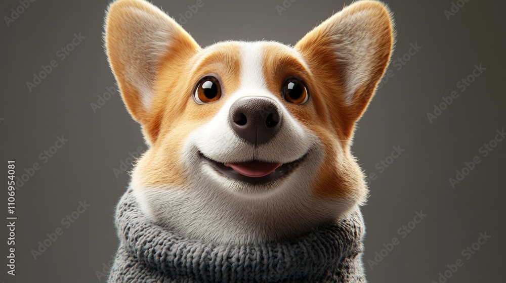 Cute Corgi Dog Wearing Gray Knitted Sweater Against Dark Background in Anthropomorphic Style Creating a Stylish and Adorable Portrait Cute Corgi Dog Wearing Gray Knitted Sweater Against Dark Background in Anthropomorphic Style Creating a Stylish and Adorable Portrait