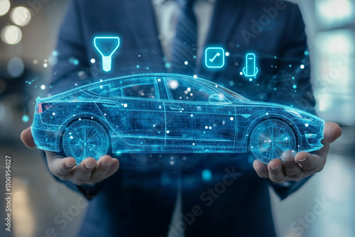 Automotive Engineer Wearing VR Headset Working on 3D Electric Car Prototype, Using Gestures in Augmented Reality. Manipulates Graphical Parts, Picks Body for the Chassis and Powerful Engine