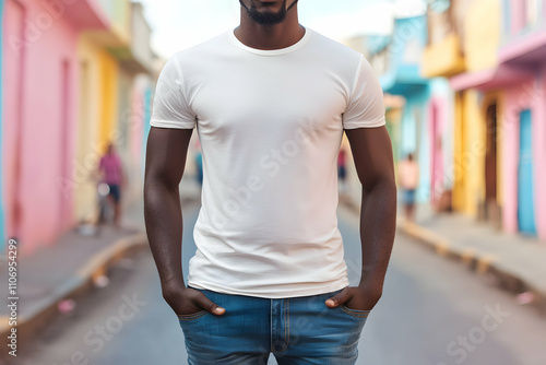 Man in White T-Shirt Posing on Colorful Street Background