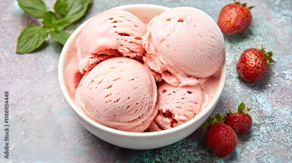 Homemade Ice Cream with Fresh Strawberries and Mint Leaf in a White Bowl on a Rustic Surface Homemade Ice Cream with Fresh Strawberries and Mint Leaf in a White Bowl on a Rustic Surface