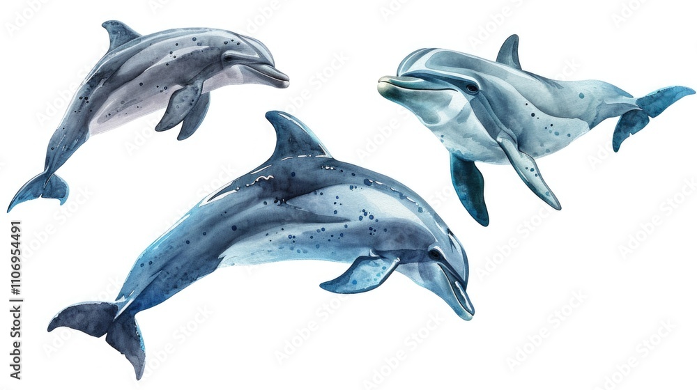 Fototapeta premium Three dolphins are swimming in the ocean. The dolphins are in the water and are swimming together. The water is blue and the sky is white