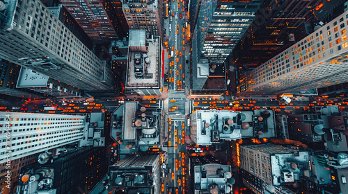 Crowded street with yellow cabs and pedestrians crossing at sunset, surrounded by tall modern office buildings in midtown
