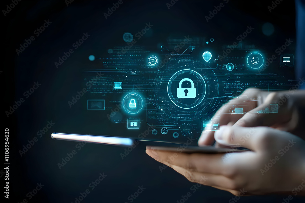 Digital Security. Hands Interact with Cyber Protection Interface Digital Security. Hands Interact with Cyber Protection Interface