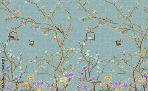 3d wallpaper design with little flowers,country style branches and flowers and birds for mural print