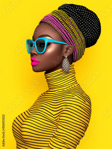 Side-profile portrait of a woman in a colorful braided headwrap, blue sunglasses, pink lips, striped yellow turtleneck, and statement earrings, set against a vibrant yellow background for a bold aesth