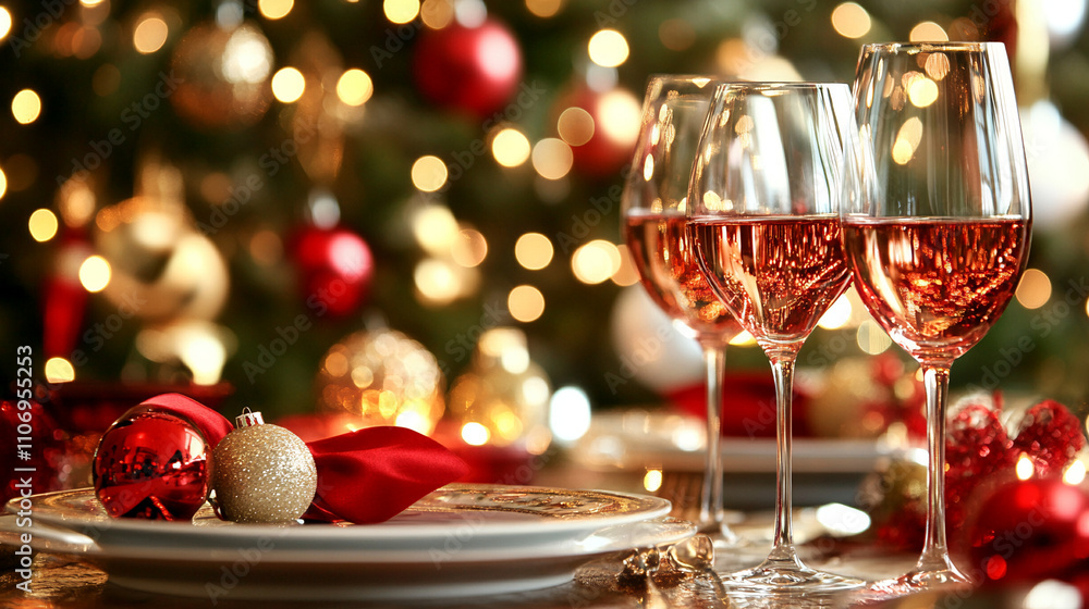 Photo of a Christmas table setting with wine glasses and plates, blurred background with lights and decorations Photo of a Christmas table setting with wine glasses and plates, blurred background with lights and decorations