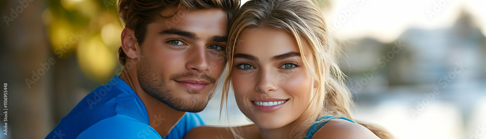 Obraz premium Attractive Couple Portrait, A Close-Up of a Young Man and Woman Smiling Joyfully Together Outdoors