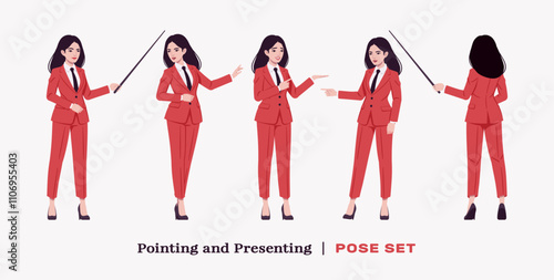 Ambitious businesswoman, confident business lady, red smart chic corporate pant suit, presentation set. Beautiful active mentor coach, brunette female leader, professional manager. Vector illustration