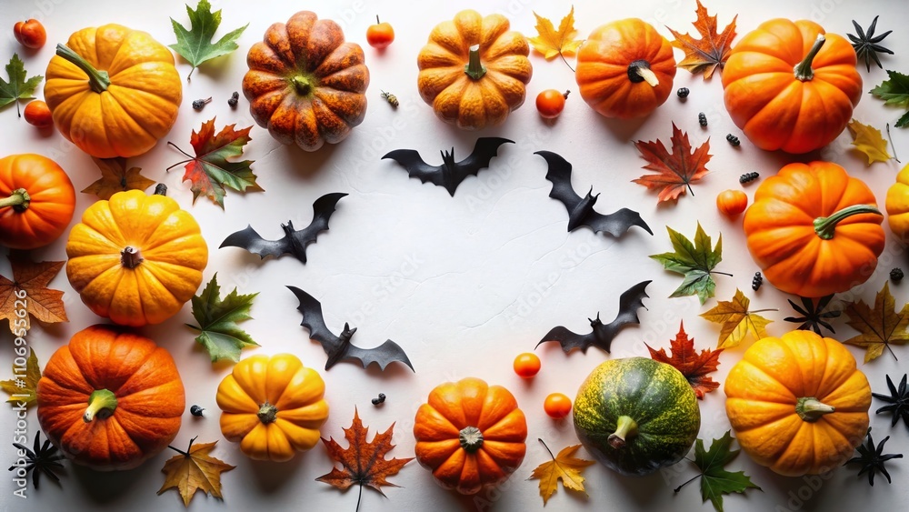 Halloween Frame Featuring Whimsical Pumpkins and Bats on Crisp White Background, Perfect for Spooky Season Celebrations and Festive Decor Ideas