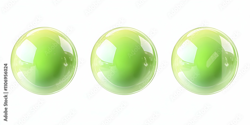 Abstract Green Gradient Spheres, Shiny, Glossy Orbs Arranged in a Row on White Background Abstract Green Gradient Spheres, Shiny, Glossy Orbs Arranged in a Row on White Background