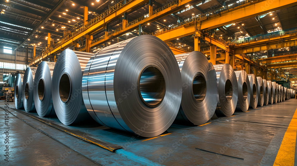 Industrial Steel Coils in a Factory, Metal Production in a Modern Manufacturing Plant Industrial Steel Coils in a Factory, Metal Production in a Modern Manufacturing Plant