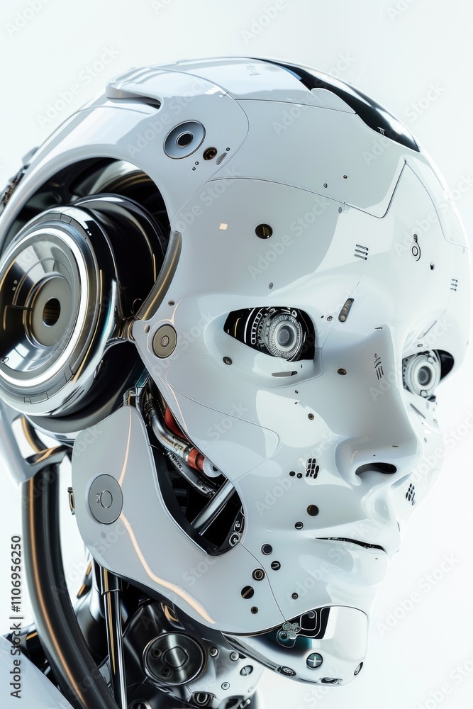 Robot with a white face and black ears. The robot is made of metal and has a futuristic look Robot with a white face and black ears. The robot is made of metal and has a futuristic look
