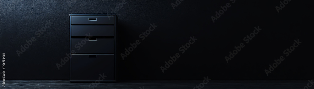 Black filing cabinet against dark wall, embodying professionalism and modern office design. Black filing cabinet against dark wall, embodying professionalism and modern office design.
