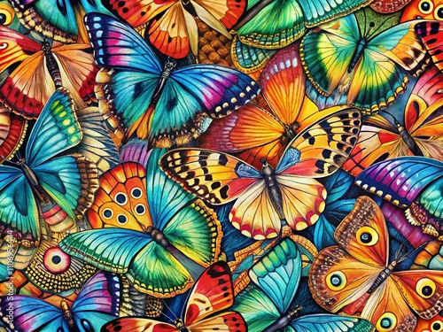 Hand-Drawn Artistic Butterfly Wing Pattern in Vibrant Colors for Unique Textile Design and Home Decor Inspiration