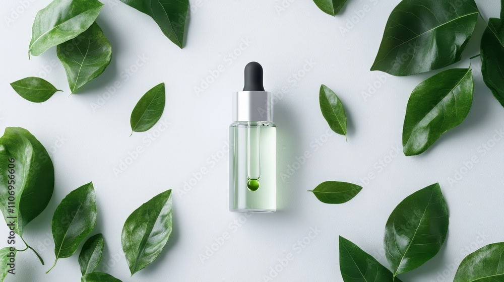 Glass Dropper Bottle with Green Herbal Extract and Leaves in a Natural Skincare Setting Glass Dropper Bottle with Green Herbal Extract and Leaves in a Natural Skincare Setting