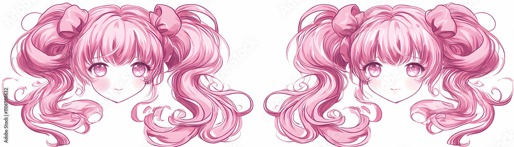 Pink-Haired Girl Illustration, Sweet Anime Style with Bows, Exquisitely Drawn with Delicate Details. Pink-Haired Girl Illustration, Sweet Anime Style with Bows, Exquisitely Drawn with Delicate Details.