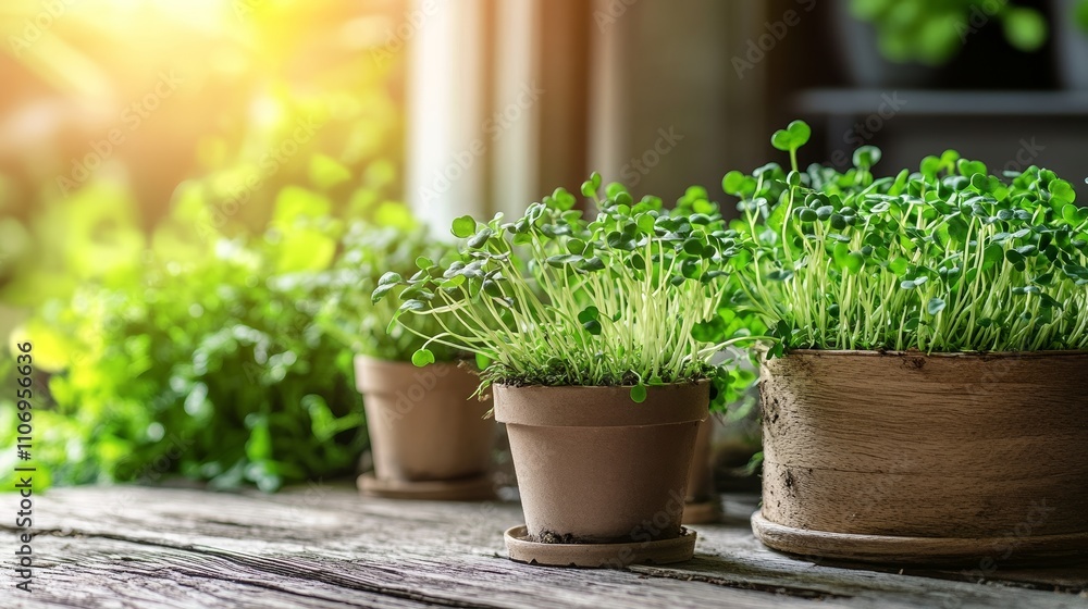 Growing Microgreens in Pots on Wooden Table with Natural Light Growing Microgreens in Pots on Wooden Table with Natural Light