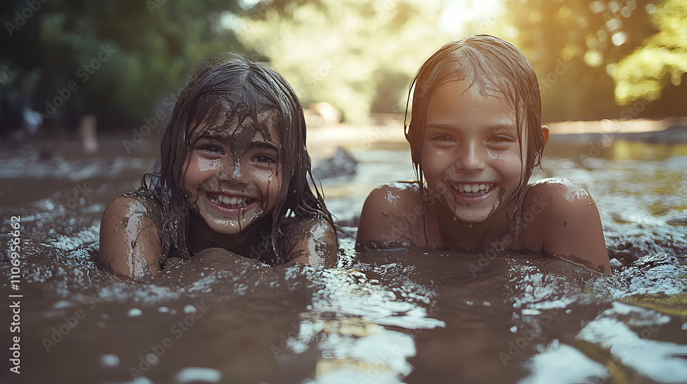Muddy Fun, Two Girls Joyfully Playing in a Creek Muddy Fun, Two Girls Joyfully Playing in a Creek