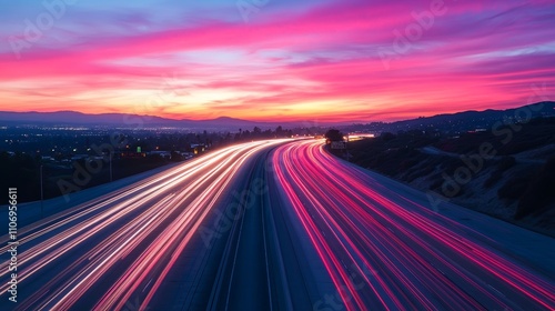 Timelapse Photo of a Busy Freeway Interchange with Flowing Traffic Lights at Dusk