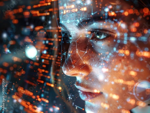 Woman's face is shown in a computer screen with a lot of numbers and lines. Concept of technology and artificial intelligence, as if the woman is being projected onto a screen