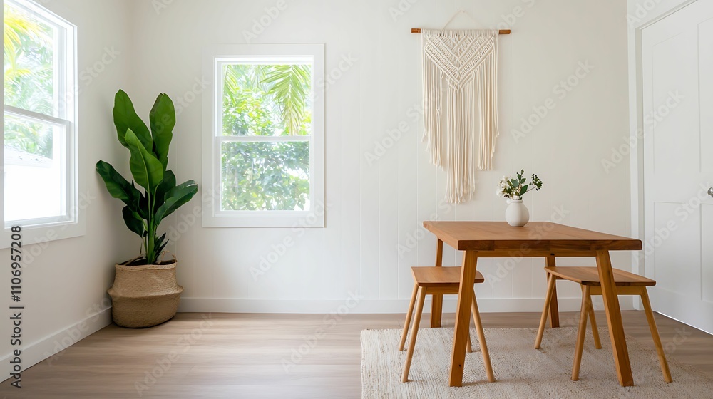A bright, minimalist dining area featuring a wooden table, two chairs, a plant, and a wall hanging, creating a cozy and inviting atmosphere. A bright, minimalist dining area featuring a wooden table, two chairs, a plant, and a wall hanging, creating a cozy and inviting atmosphere.