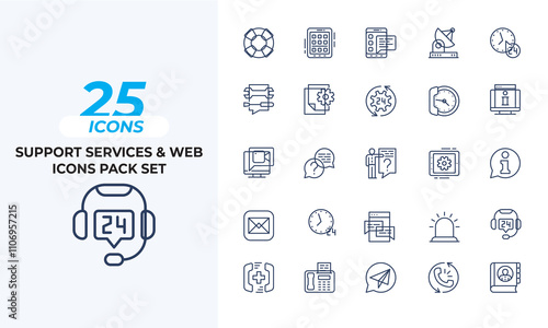 Support Services & Web Icons Set Collection Layout Vector Template. Vector illustration in line style of icons