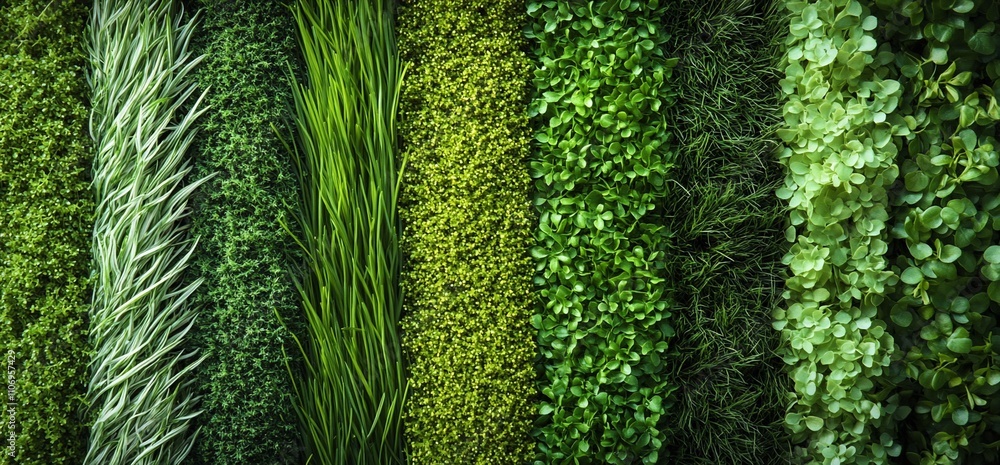 A variety of green plants arranged in stripes for decorative purposes. A variety of green plants arranged in stripes for decorative purposes.