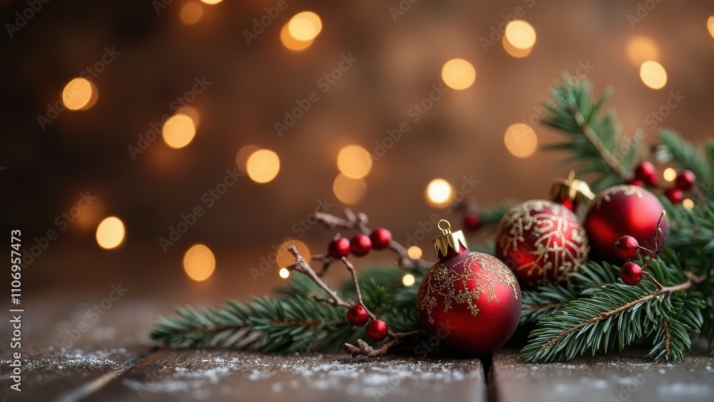 Ornate Red Christmas Ornaments Among Pine Branches Create a Festive Holiday Ambiance Ornate Red Christmas Ornaments Among Pine Branches Create a Festive Holiday Ambiance