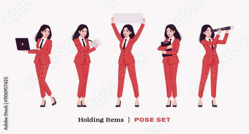 Ambitious businesswoman, confident business lady in red smart chic corporate pant suit, items hold set. Beautiful active mentor coach, brunette female leader, professional manager. Vector illustration