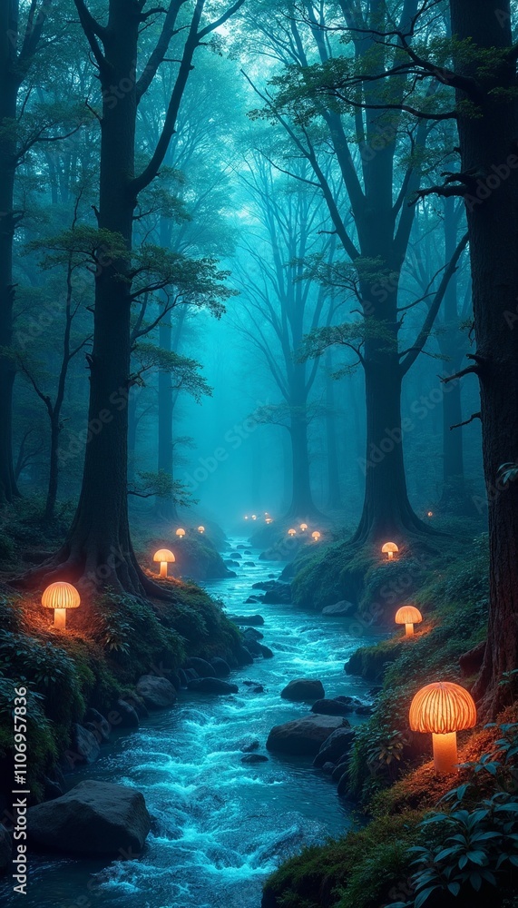 Ethereal forest with bioluminescent trees and glowing fungi along a winding river in soft blue and green light Ethereal forest with bioluminescent trees and glowing fungi along a winding river in soft blue and green light