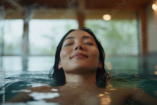 Serene woman relaxing in thermal spa pool with eyes closed