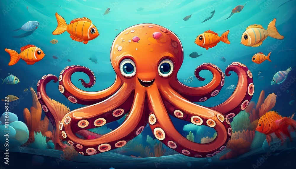 Cartoon octopus surrounded by small sea fish Cartoon octopus surrounded by small sea fish