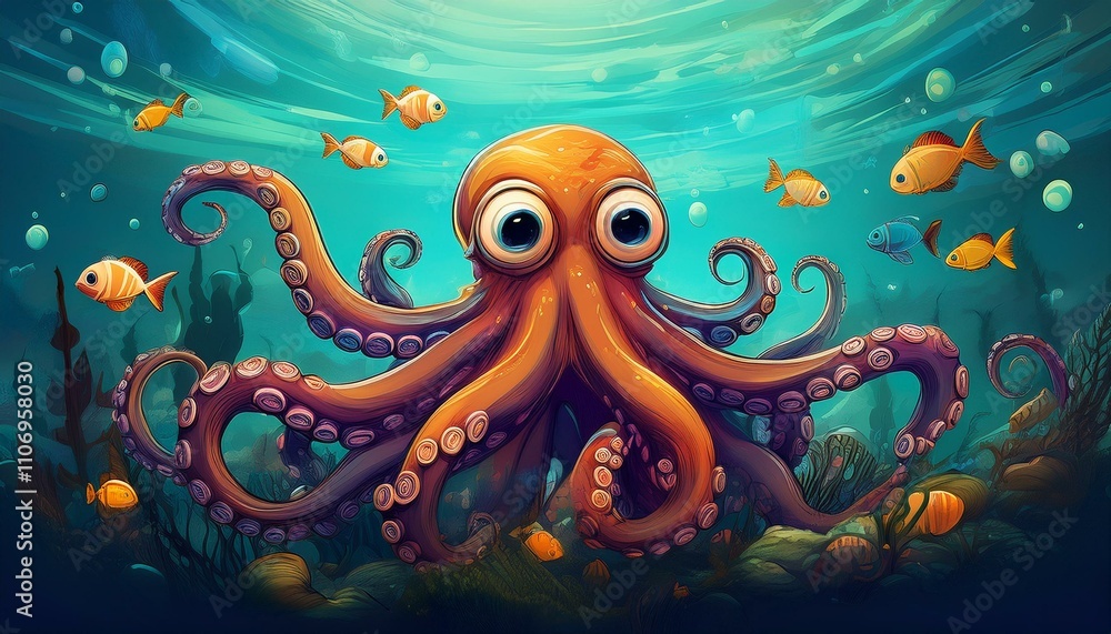 Cartoon octopus surrounded by small sea fish Cartoon octopus surrounded by small sea fish