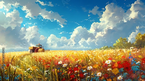 Harvest serenity: harvester working in a peaceful field, surrounded by soft fairy clouds and vibrant wildflowers