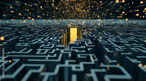 A complex digital maze representing the challenges and obstacles in the digital world, symbolizing cybersecurity, data protection, and online navigation. photo