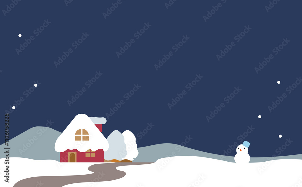 Naklejka premium 雪降る夜の家と雪だるまのシンプルな背景イラスト